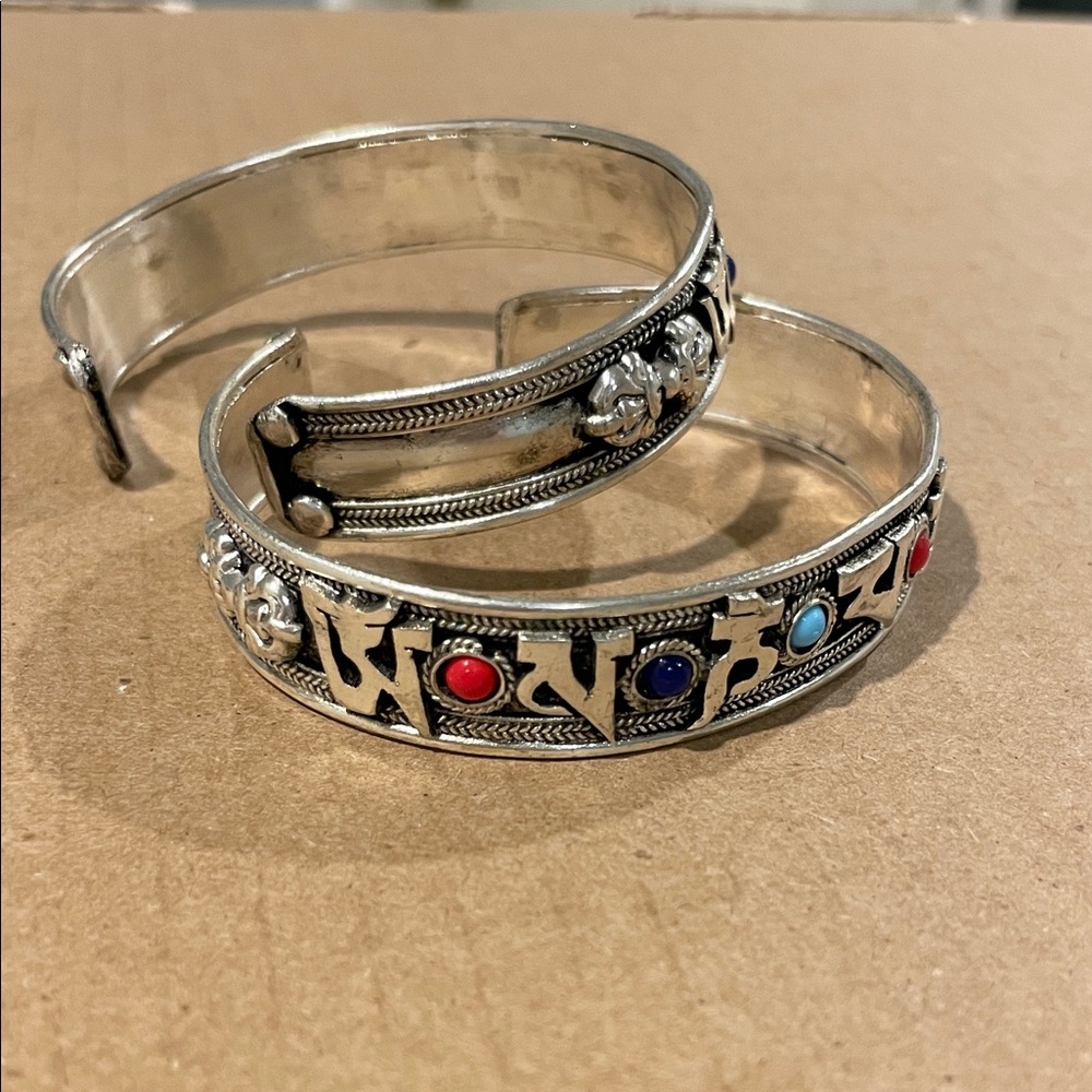 Silver Plated Cuff Bracelet with Red and Blue Accents